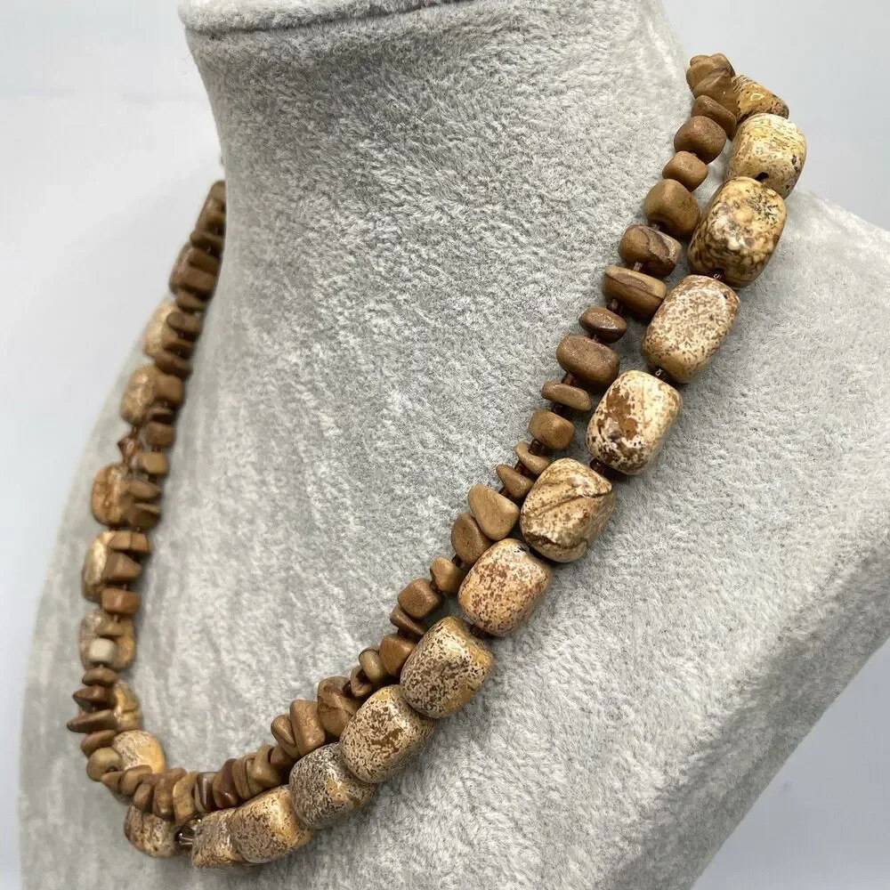 Stunning Picture Jasper Beaded Statement Necklace Ethnic Boho Unique Layered